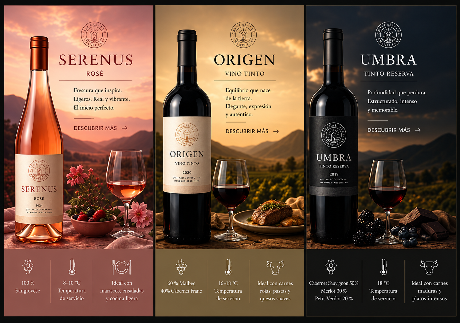 Botellas de los vinos Serenus Rosé, Origen Vino Tinto y Umbra Tinto Reserva de Casa Amaneceres